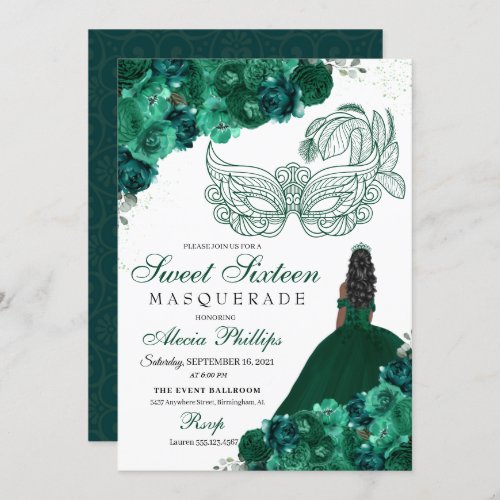 Emerald Green Floral Masquerade Sweet 16 Invitatio Invitation