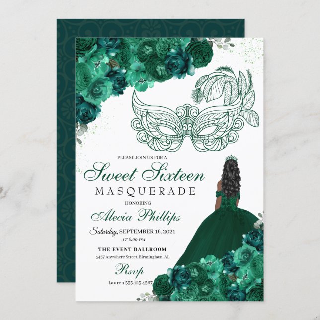 Emerald Green Floral Masquerade Sweet 16 Invitatio Invitation (Front/Back)