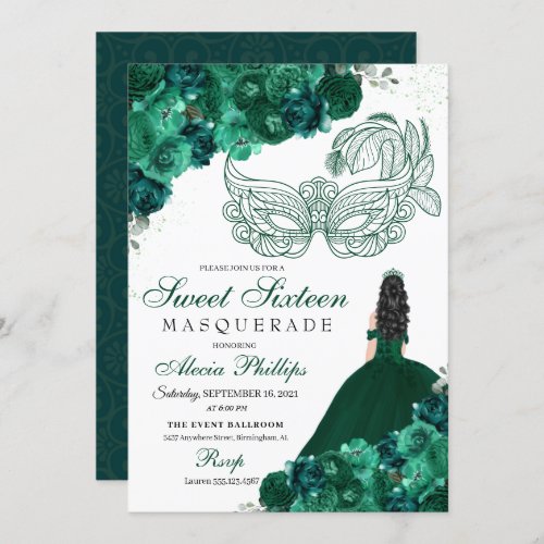 Emerald Green Floral Masquerade Sweet 16 Invitation