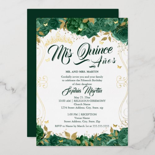 Emerald Green Floral Mis Quince Quinceanera  Foil Invitation