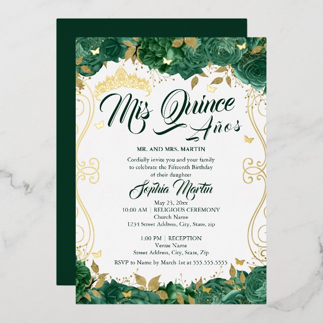 Emerald Green Floral Mis Quince Quinceanera  Foil Invitation (Front/Back)