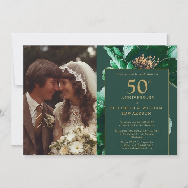 Emerald Green Floral Modern 50th Anniversary Photo Invitation (Front)