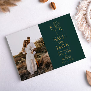 Emerald Green Floral Monogram Photo Save the Date Invitation