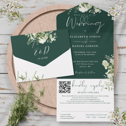 Emerald Green Floral Monogram QR Code Wedding All In One Invitation