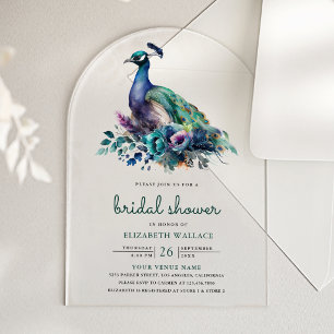 Emerald Green Floral Peacock Bridal Shower Acrylic Invitations