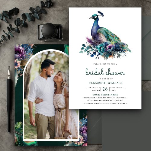 Emerald Green Floral Peacock Photo Bridal Shower Invitation