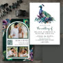 Emerald Green Floral Peacock Photo QR Code Wedding Invitation