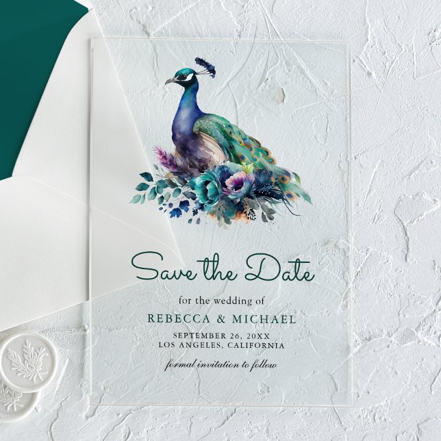 Emerald Green Floral Peacock Wedding Save the Date Acrylic Invitations (Creator Uploaded)