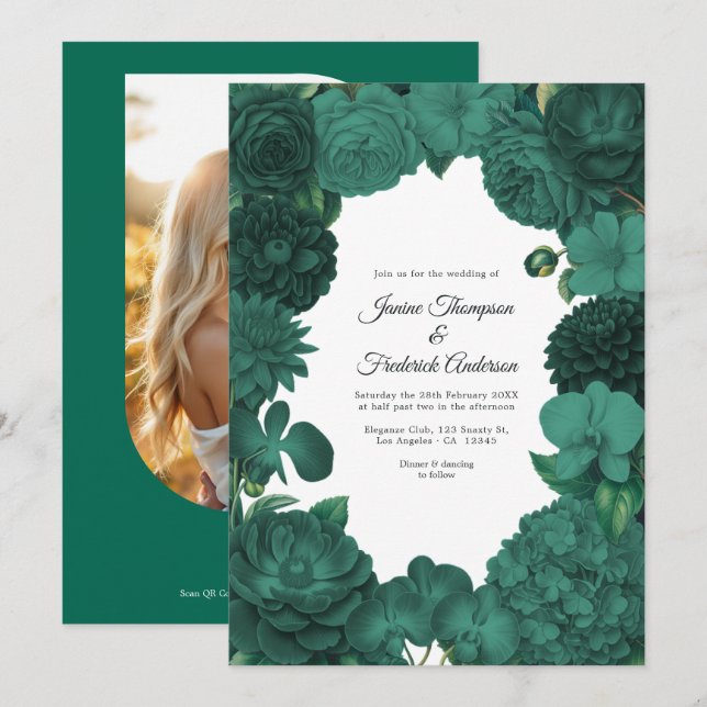 Emerald Green Floral Photo and QR Code Wedding Invitation (Front/Back)