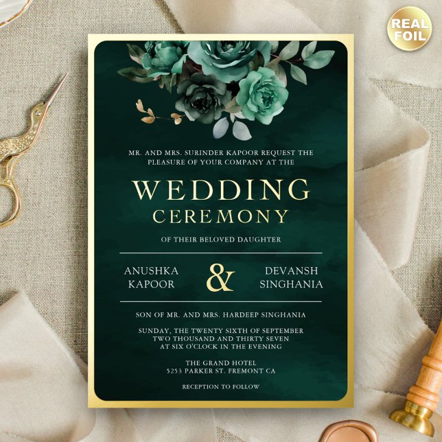 Emerald Green Floral Photo Indian Wedding Gold Foil Invitation (Creator Uploaded)