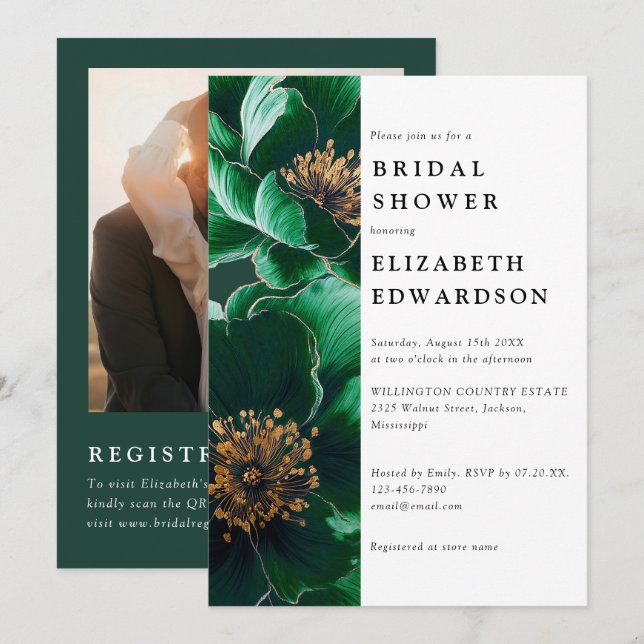 Emerald Green Floral Photo QR Code Bridal Shower Invitation (Front/Back)