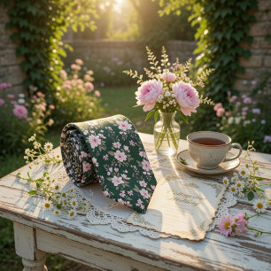 Emerald Green Floral Pink Blossom Neck Tie