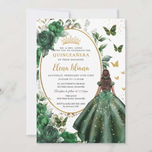 Emerald Green Floral Princess Dress Quinceaera  Invitation