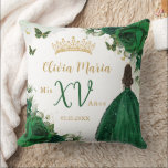 Emerald Green Floral Princess Dress Quinceañera Throw Pillow<br><div class="desc">Personalize this elegant emerald green floral Quinceañera / Sweet 16 birthday throw pillow easily and quickly. Simply click the Edit Using Design Tools button to further edit the texts, change fonts and fonts colors. Featuring vibrant watercolor emerald green flowers, a girl dressed in a lovely emerald green ball gown and...</div>
