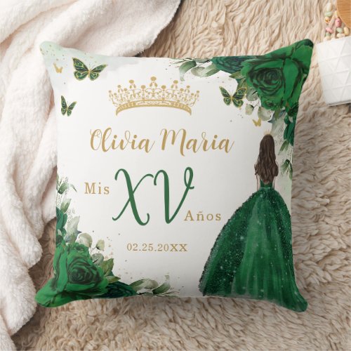 Emerald Green Floral Princess Dress Quinceaera Throw Pillow