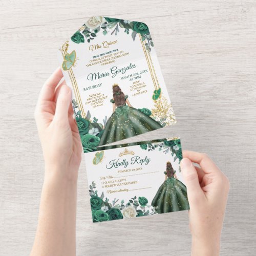 Emerald Green Floral Princess Gold Quinceaera All In One Invitation