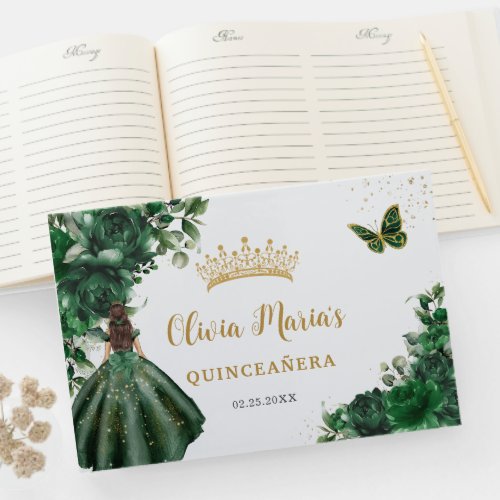 Emerald Green Floral Princess Gold Quinceanera Guest Book