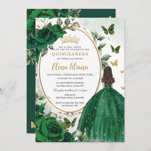 Emerald Green Floral Princess Gold Quinceaera Invitation