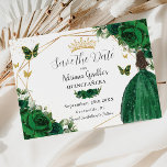 Emerald Green Floral Princess Gold Quinceañera Save The Date<br><div class="desc">Personalize this pretty emerald green floral geometric gold Quinceañera / Sweet 16 birthday save the date easily and quickly. Simply click the customize it further button to edit the texts, change fonts and fonts colors. Featuring a girl dressed in a beautiful glittery emerald green ball gown, vibrant emerald green roses,...</div>