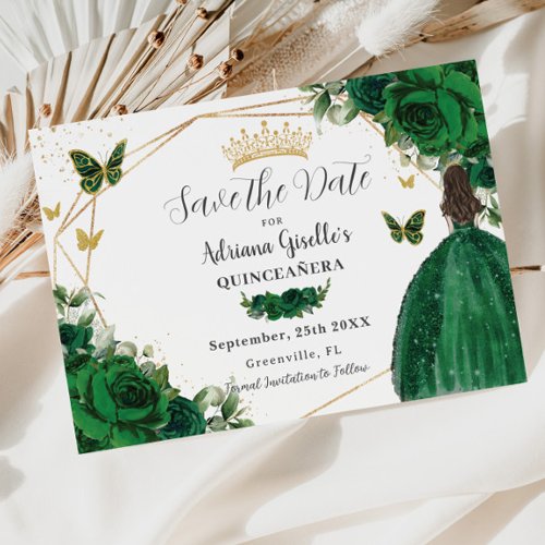 Emerald Green Floral Princess Gold Quincea&#241;era Save The Date