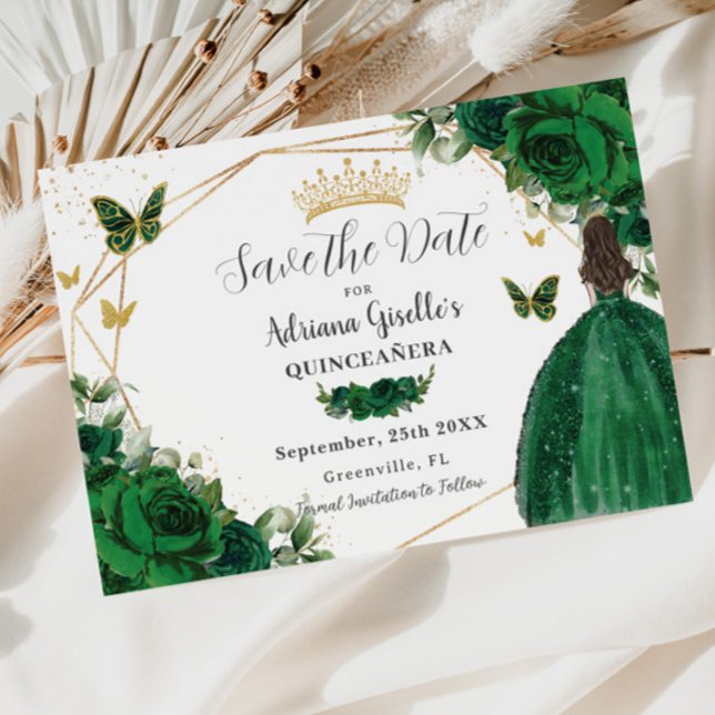 Emerald Green Floral Princess Gold Quinceañera Save The Date (Creator Uploaded)