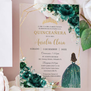 Emerald Green Floral Princess Gold Quinceañera XV Acrylic Invitations