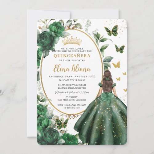Emerald Green Floral Princess Gown Quinceaera  Invitation