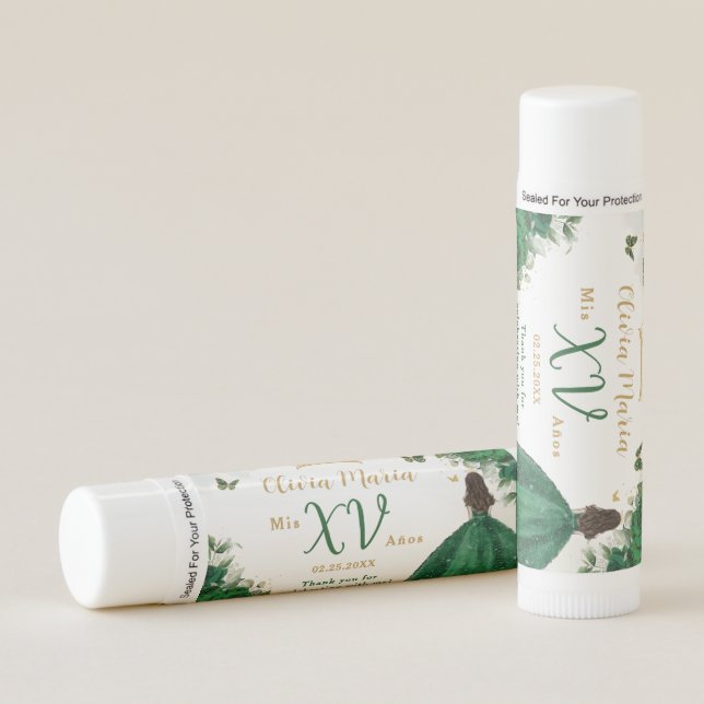 Emerald Green Floral Princess Quinceañera Favors Lip Balm (Front)