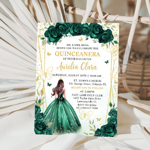 Emerald Green Floral Princess Quinceañera Invitation