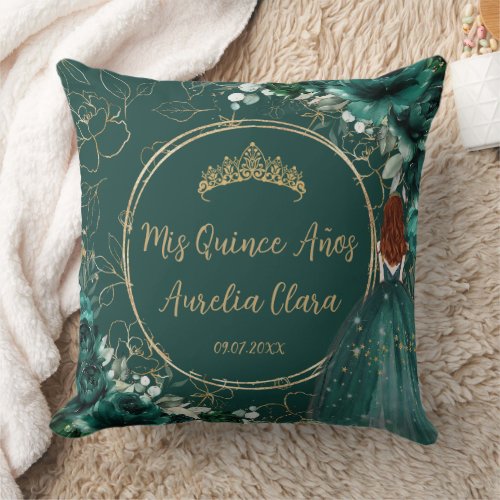 Emerald Green Floral Princess Quinceaera Keepsake Throw Pillow