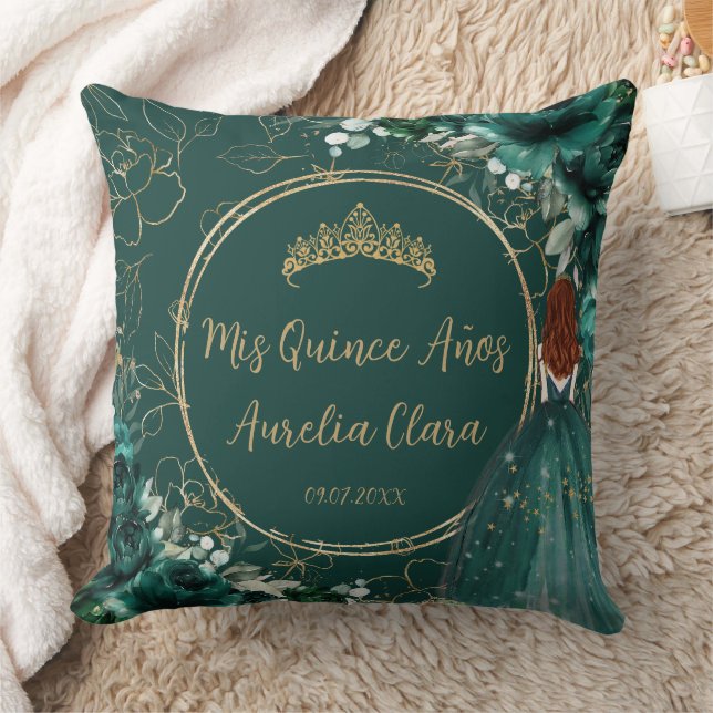 Emerald Green Floral Princess Quinceañera Keepsake Throw Pillow (Blanket)