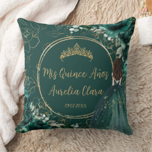 Emerald Green Floral Princess Quinceañera Keepsake Throw Pillow