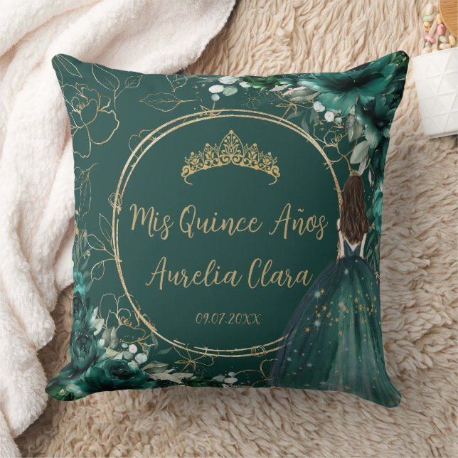Emerald Green Floral Princess Quinceañera Keepsake Throw Pillow (Blanket)