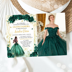 Emerald Green Floral Princess Quinceañera Photo Invitation