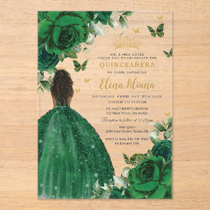 Emerald Green Floral Princess Quinceañera Sweet 16 Acrylic Invitations
