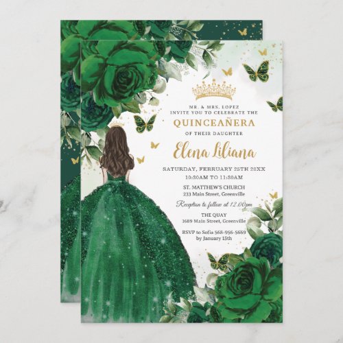 Emerald Green Floral Princess Quinceaera Sweet 16 Invitation