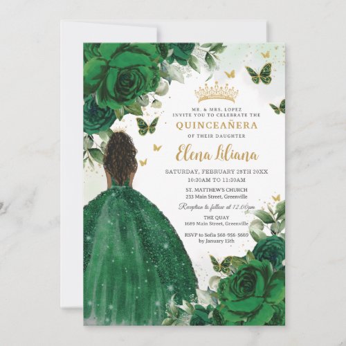 Emerald Green Floral Princess Quinceaera Sweet 16 Invitation