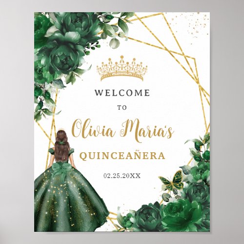 Emerald Green Floral Princess Quinceaera Welcome Poster