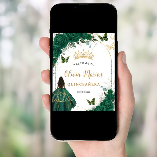 Emerald Green Floral Princess Quinceañera Welcome Poster (Front Digital)
