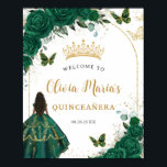Emerald Green Floral Princess Quinceañera Welcome Poster<br><div class="desc">Personalize this elegant welcome sign easily and quickly. Simply click the customize it further button to edit the texts, change fonts and fonts colors. Featuring a brown girl dressed in a beautiful emerald green dress, chic emerald green flowers and butterflies. All text is editable! Digital instant download option is available....</div>