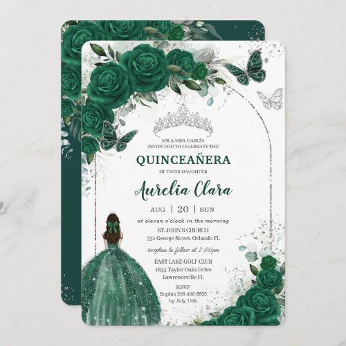 Emerald Green Floral Princess Silver Quinceaera Invitation