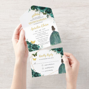 Emerald Green Floral Princess Tiara Quinceañera All In One Invitation