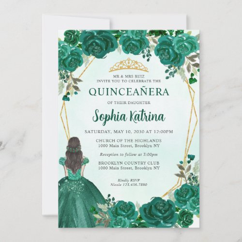 Emerald Green Floral Princess Tiara Quinceaera In Invitation