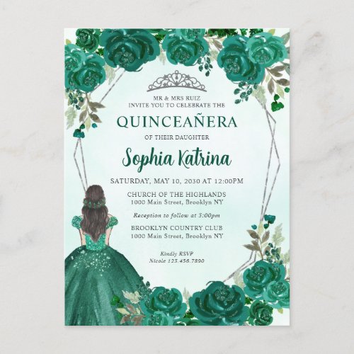 Emerald Green Floral Princess Tiara Quinceaera In Postcard