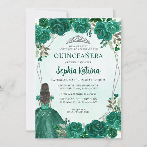 Emerald Green Floral Princess Tiara Quinceaera Invitation