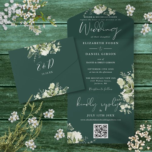 Emerald Green Floral QR Code Formal Wedding All In One Invitation