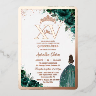 Emerald Green Floral Quinceañera 15 XV Rose Gold Foil Invitation