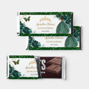 Emerald Green Floral Quinceañera 16 Brown Princess Hershey Bar Favors