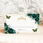 Emerald Green Floral Quinceañera 16th Birthday Place Card<br><div class="desc">Designed to co-ordinate with our Quinceañera Emerald Green Floral Princess Birthday collection,  this elegant place card features watercolor emerald green floral,  green and gold butterflies and a gold princess crown. (c) The Happy Cat Studio</div>