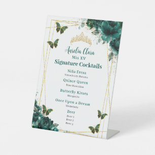 Emerald Green Floral Quinceanera Bar Cocktail Menu Pedestal Sign
